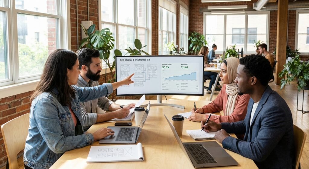 Equipe Rankit collaborant sur une strategie SEO et marketing digital