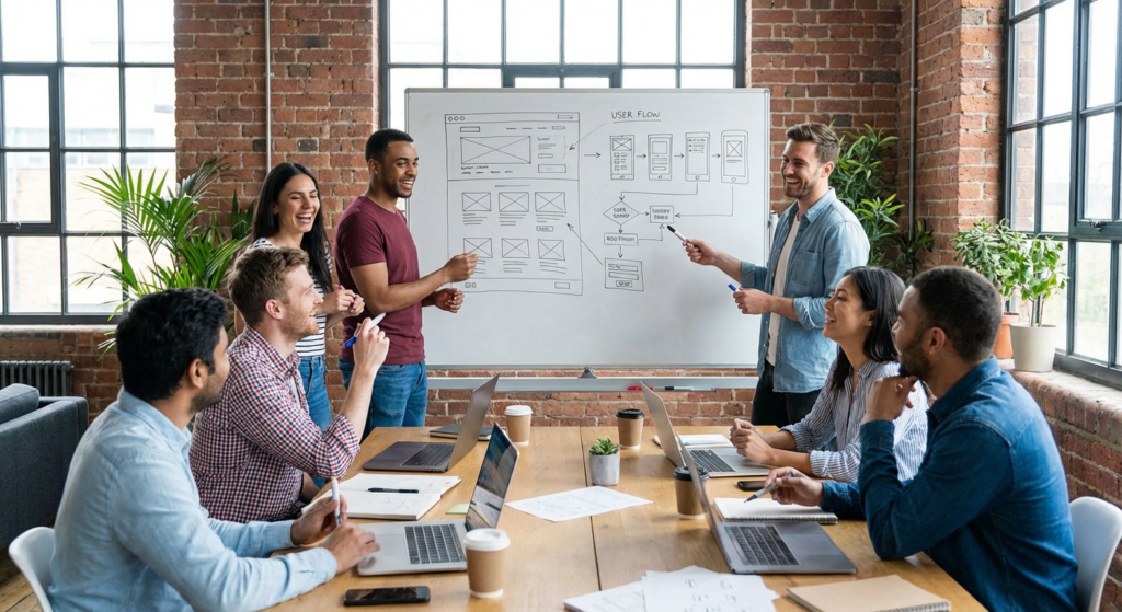 Equipe de developpeurs preparant les wireframes pour une refonte de site