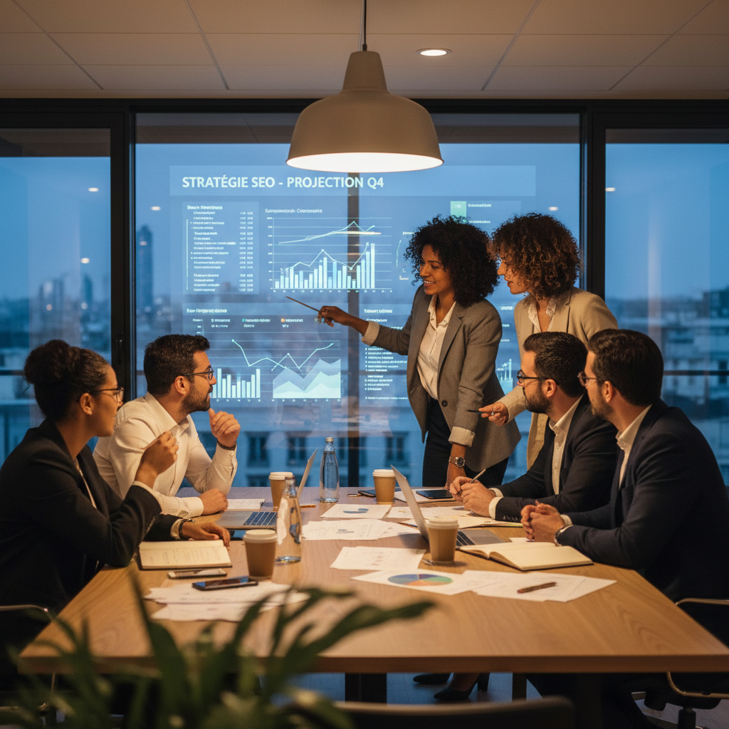 Équipe d'experts SEO Rankit en réunion stratégique autour d'une table de conférence
