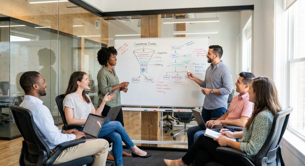 Equipe marketing planifiant une strategie de campagne Google Ads