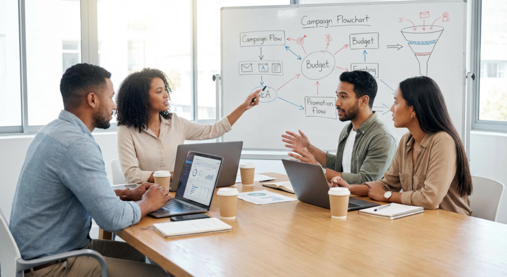 Equipe marketing digital planifiant une strategie paid media