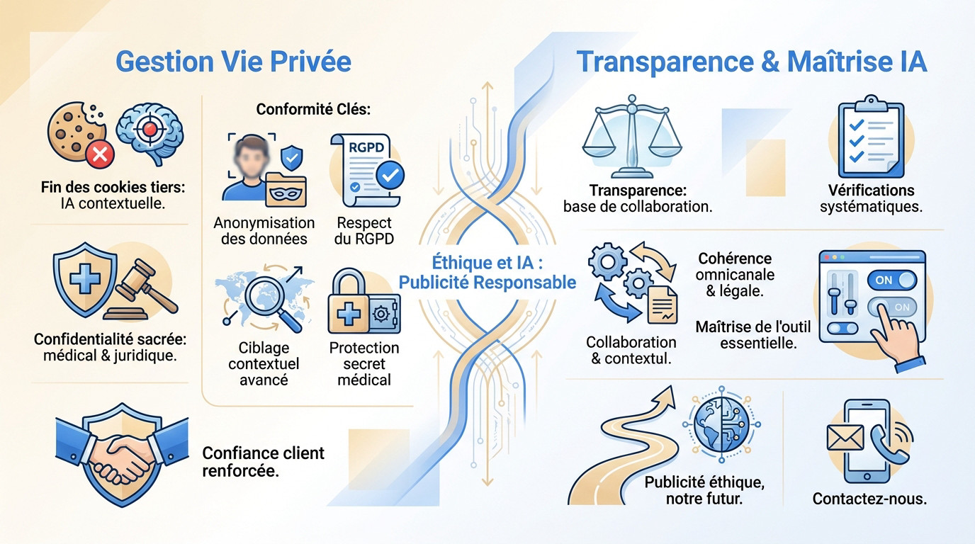 Illustration de la conformité éthique et de la protection de la vie privée dans la publicité assistée par IA