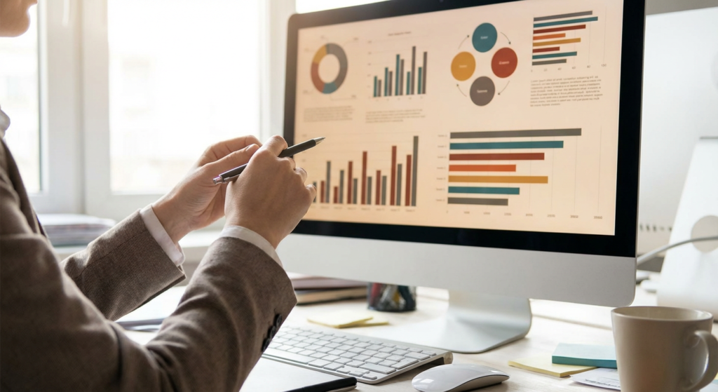 Expert SEO examinant un rapport d'audit technique avec graphiques analytics