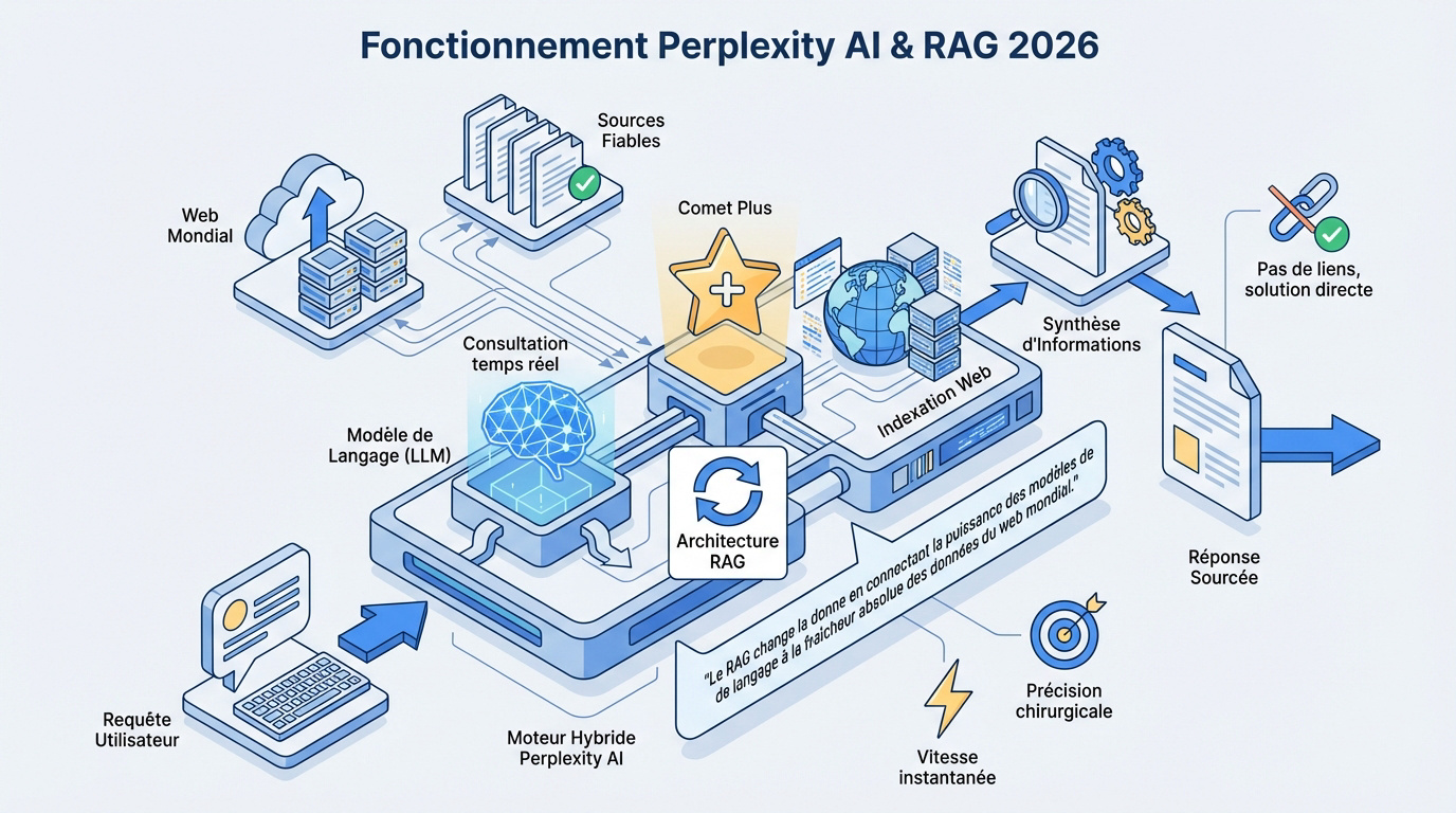 Schéma technique de l'architecture RAG et du fonctionnement de Perplexity AI en 2026