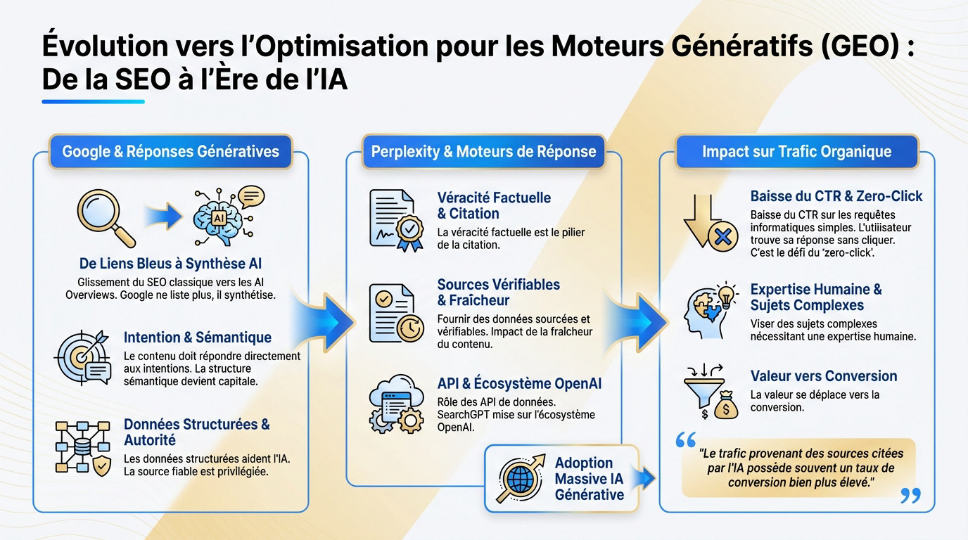Schéma explicatif du passage du SEO classique à la Generative Engine Optimization (GEO)