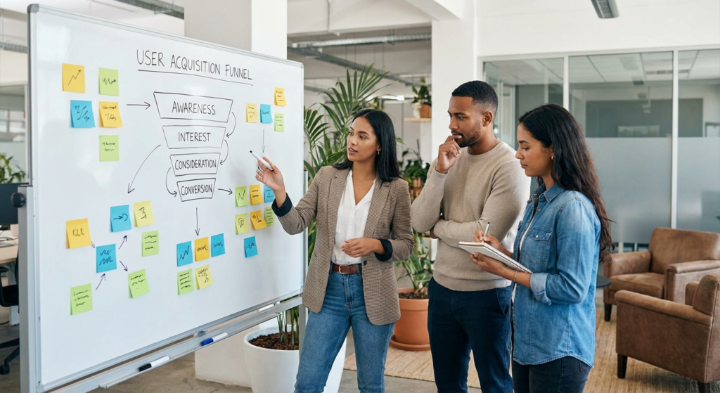 Équipe growth hacking planifiant une stratégie d'acquisition multi-canal