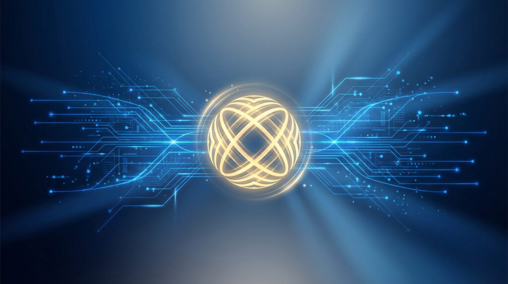 Image abstraite d'une sphère lumineuse dorée au centre, entourée de circuits numériques bleus sur fond sombre, symbolisant la connectivité.