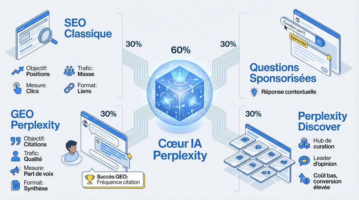 Écosystème Perplexity IA présentant le SEO le GEO et les opportunités publicitaires