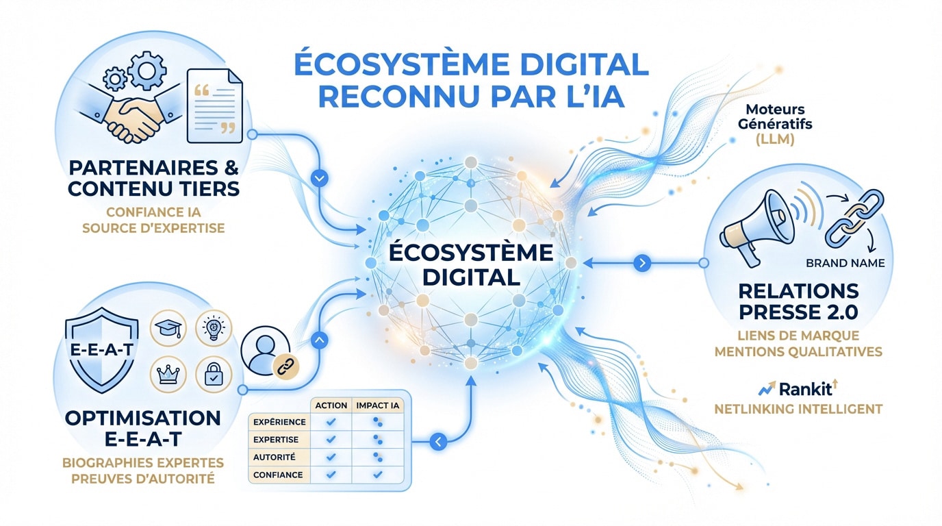 Schéma de l'écosystème digital axé sur l'autorité de marque et l'IA
