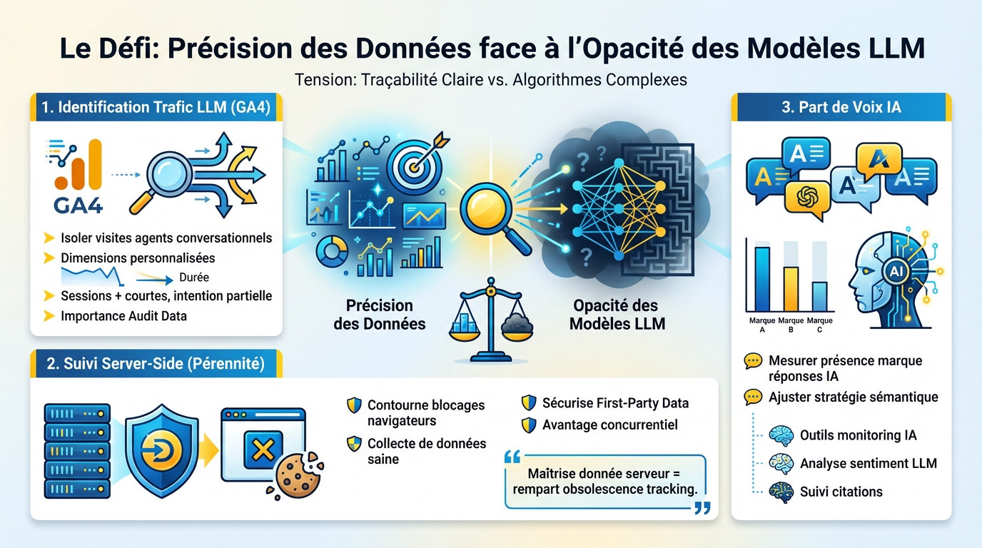 Illustration du défi de la précision des données face aux modèles LLM et à l'opacité algorithmique