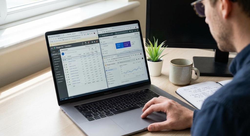 Expert marketing optimisant une campagne Google Ads sur ordinateur