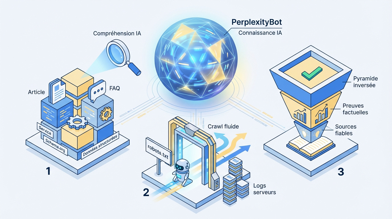 Schéma technique de compréhension du PerplexityBot pour le crawl et les preuves factuelles