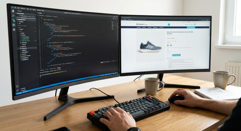 Développeur web personnalisant un thème PrestaShop pour une boutique en ligne