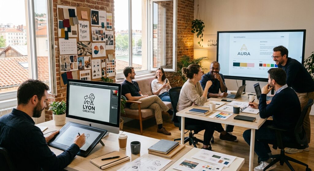 Equipe agence branding Lyon travaillant sur une identite visuelle
