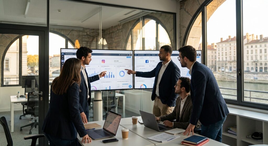 Equipe agence social media Lyon analysant les performances Instagram et Facebook
