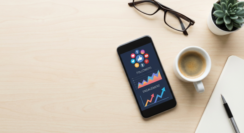 Metriques engagement reseaux sociaux sur smartphone avec graphiques de croissance