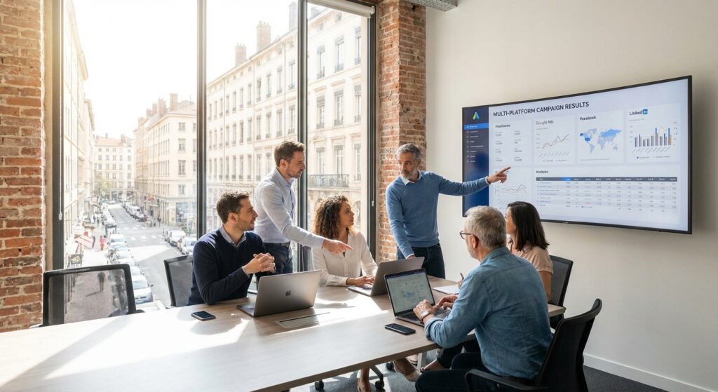 Equipe Rankit analysant les performances de campagnes publicitaires multi-plateformes