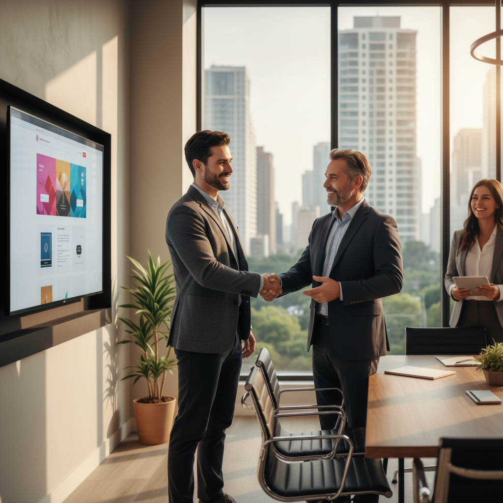 Reunion de presentation d un projet web entre l agence Rankit et un client dans un bureau moderne