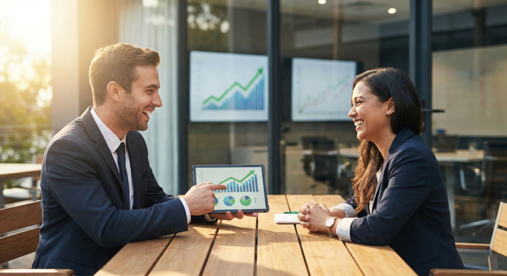 Consultant presentant les resultats dune campagne Google Ads a un client