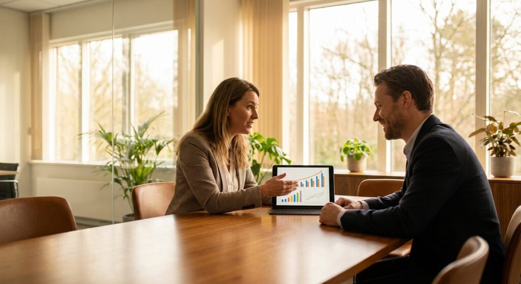 Consultant presentant les resultats Instagram Ads a un client