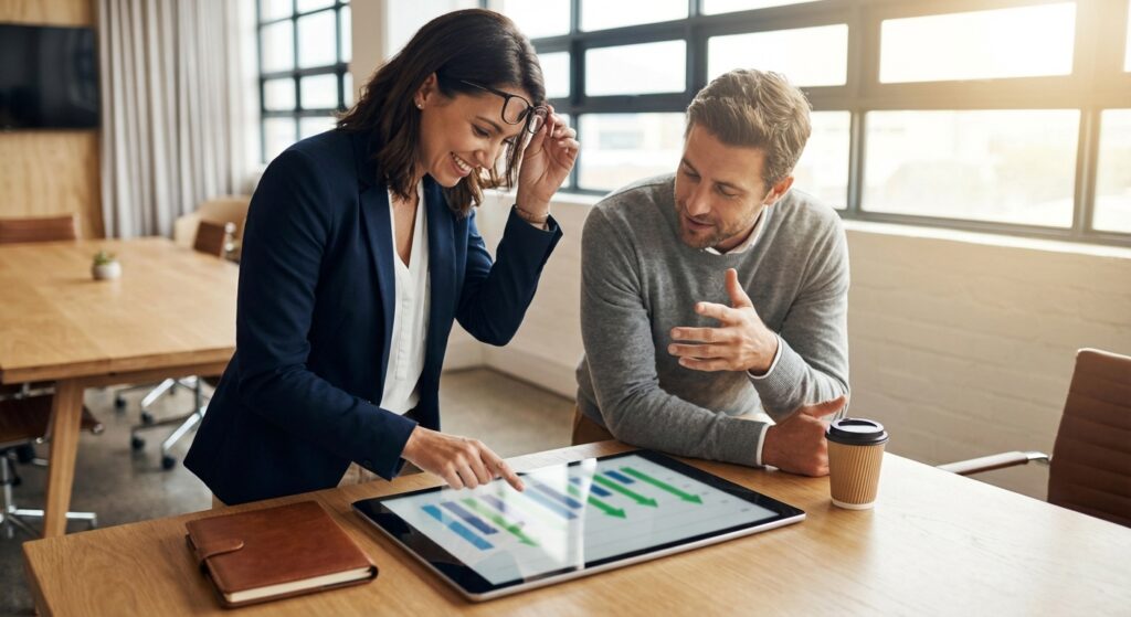 Reunion client et consultant publicitaire analysant le ROI des campagnes digitales