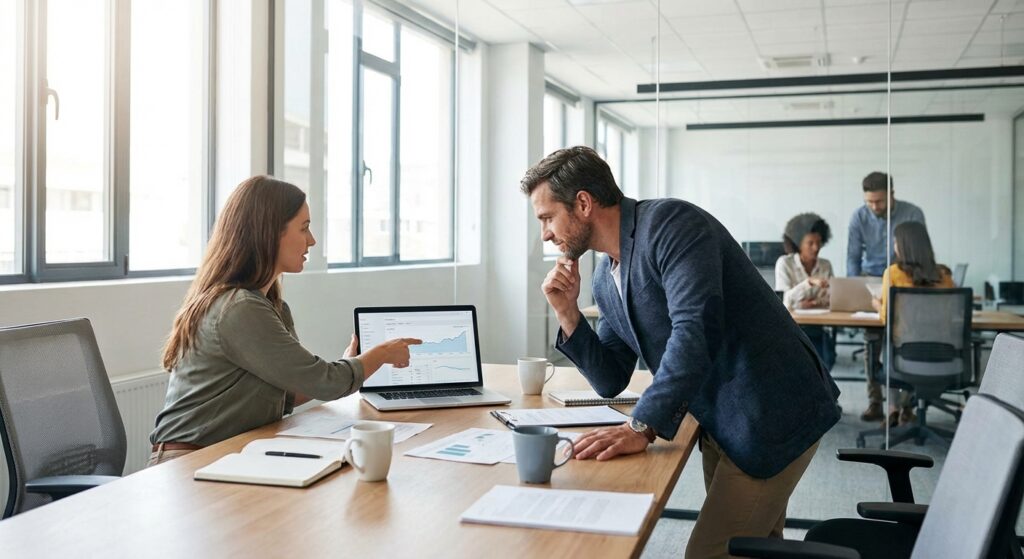 Reunion entre consultant SEO et client pour definir la strategie de referencement