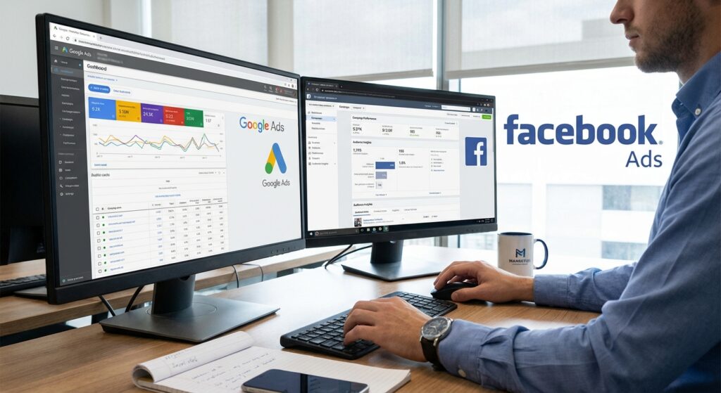 Specialiste publicite digitale gerant des campagnes Google Ads et Facebook Ads