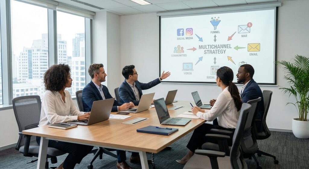 Équipe stratégie digitale présentant un plan d'action marketing global