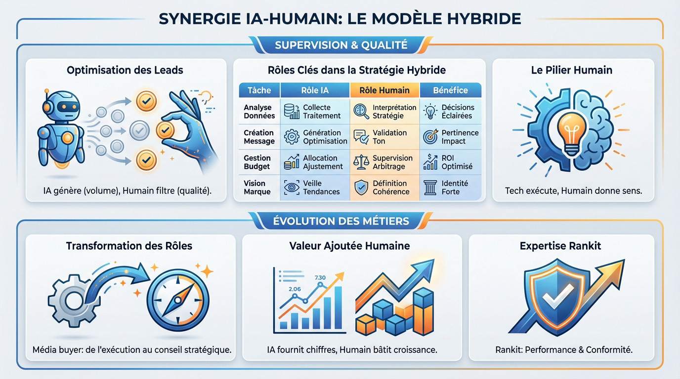 Schéma illustrant la synergie entre l'intelligence artificielle et l'expertise humaine dans la publicité digitale