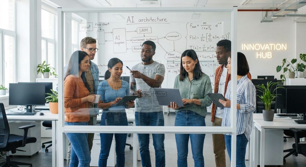 Equipe experts IA collaborant sur projet automatisation Lyon