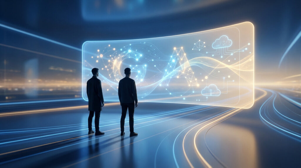 Two people view a glowing, translucent screen displaying abstract AI/SEO data visualizations in a futuristic blue/orange environment.