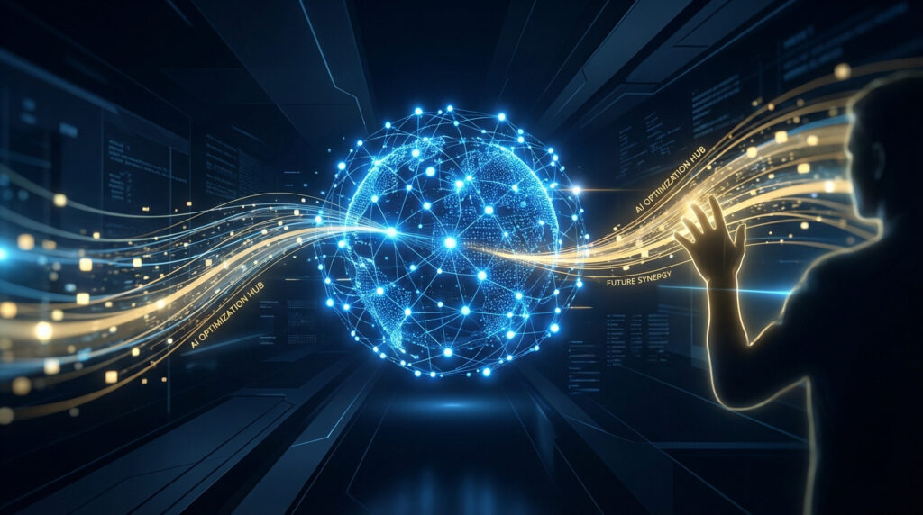 Une silhouette interagit avec un globe numérique lumineux et des flux de données dorés, symbolisant l'IA et l'optimisation globale.
