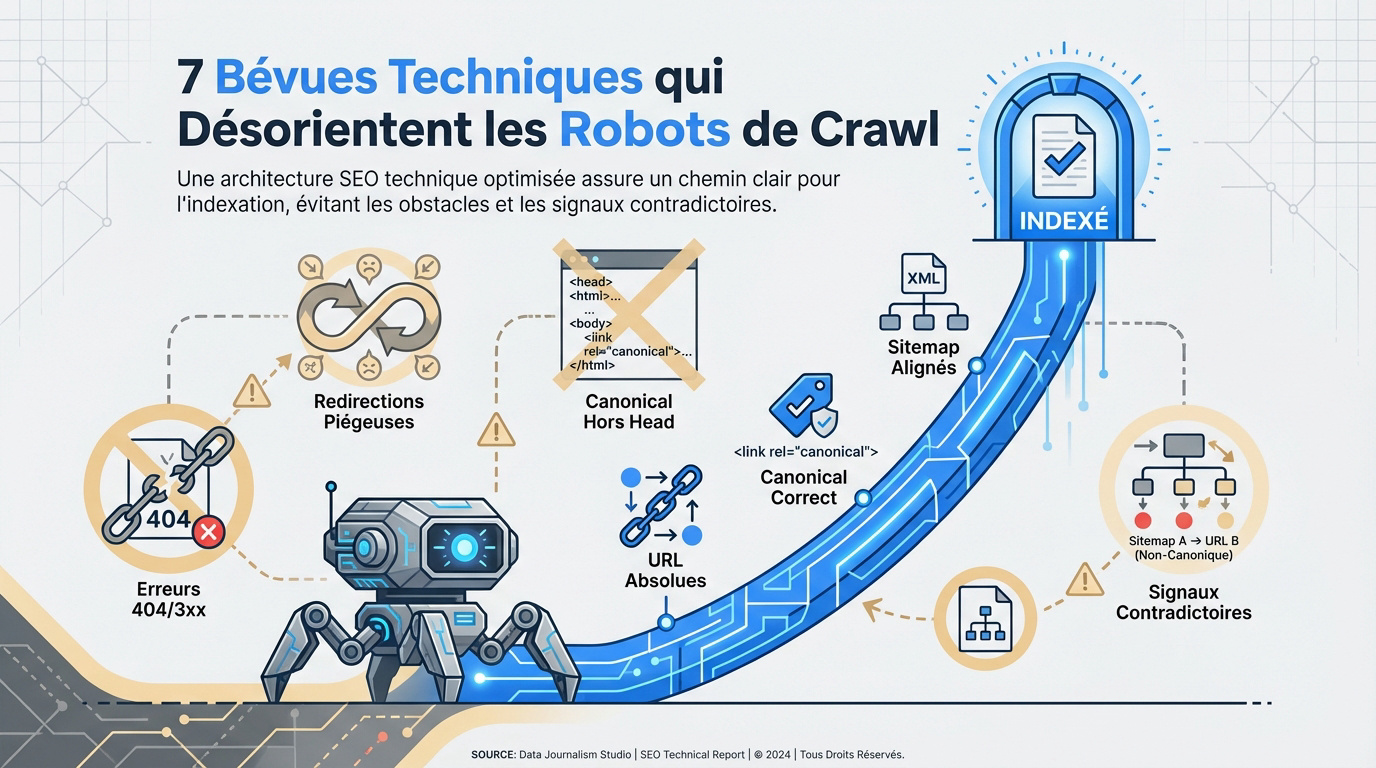 Schéma technique illustrant les erreurs de balises canonical et le crawl budget