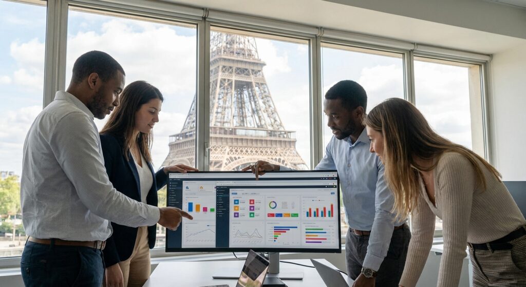 Equipe agence de referencement a Paris analysant des donnees SEO