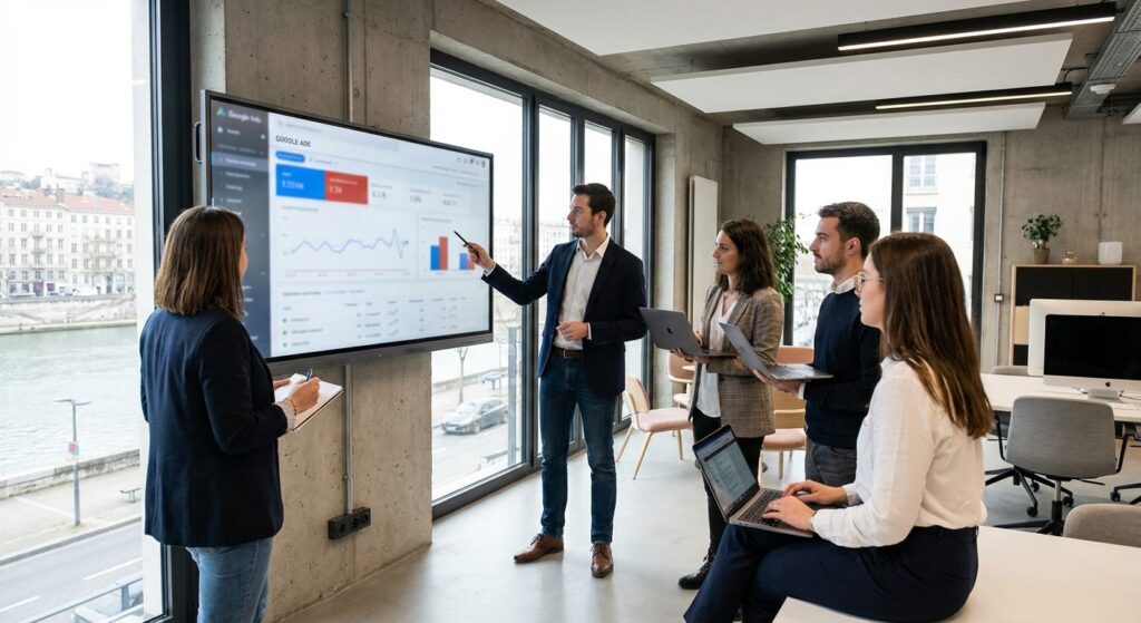 Équipe agence SEA analysant les performances de campagnes publicitaires