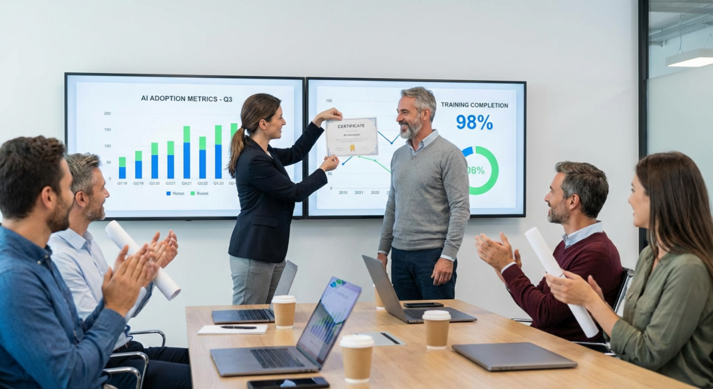 Bilan de formation IA avec présentation des résultats et compétences acquises