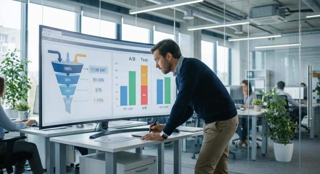 Analyste marketing étudiant les données de taux de conversion sur écran