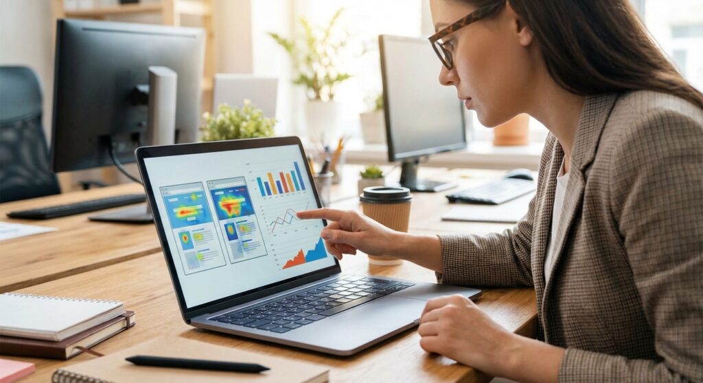 Analyste pointe heatmap analytics sur laptop, optimisation conversion SEO Rankit à Lyon