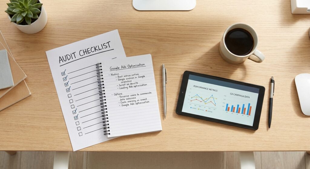 Vue du bureau d'un consultant avec checklist d'audit Google Ads et rapports de performance