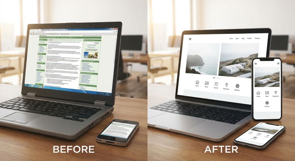 Avant-apres refonte UX UI montrant amelioration experience utilisateur sur desktop et mobile