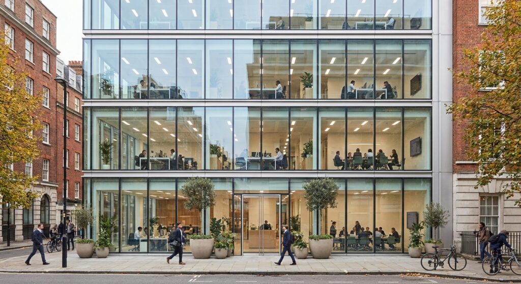 Bureau moderne d'une agence web avec équipe visible à travers la façade vitrée