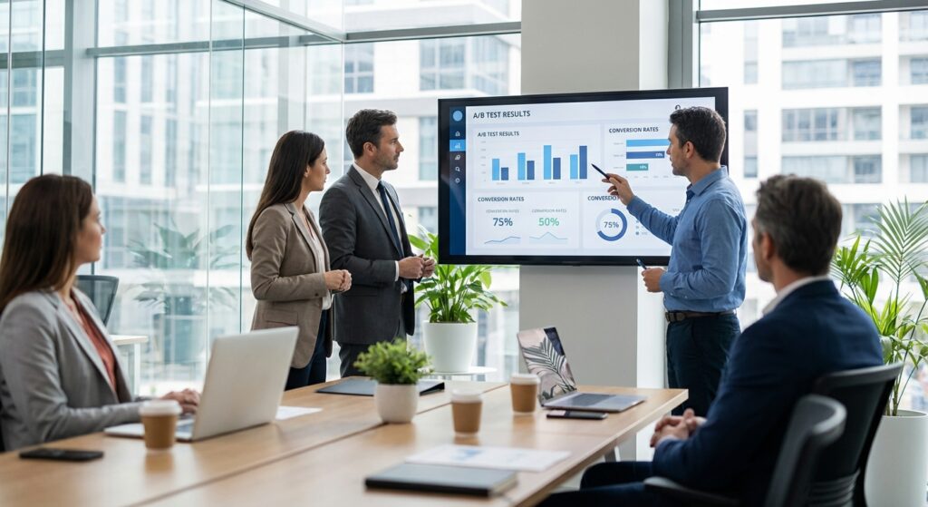 Client professionnel consultant les résultats de tests A/B sur les variantes de copy