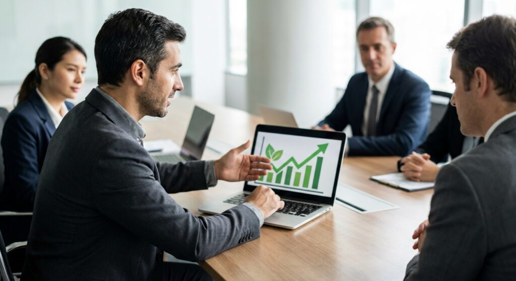 Consultant presentant les resultats de croissance du trafic organique pour un client SEO a Grenoble