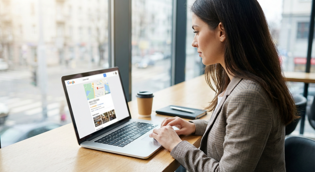 Entrepreneur optimisant sa fiche Google My Business sur ordinateur portable