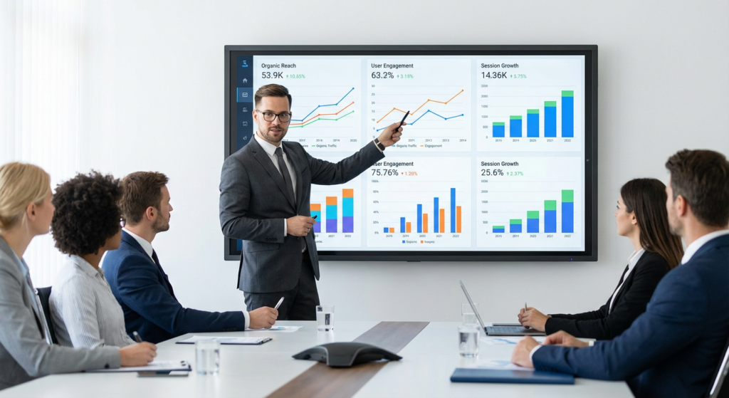 Professionnel analysant les performances de contenu web et la croissance du trafic organique