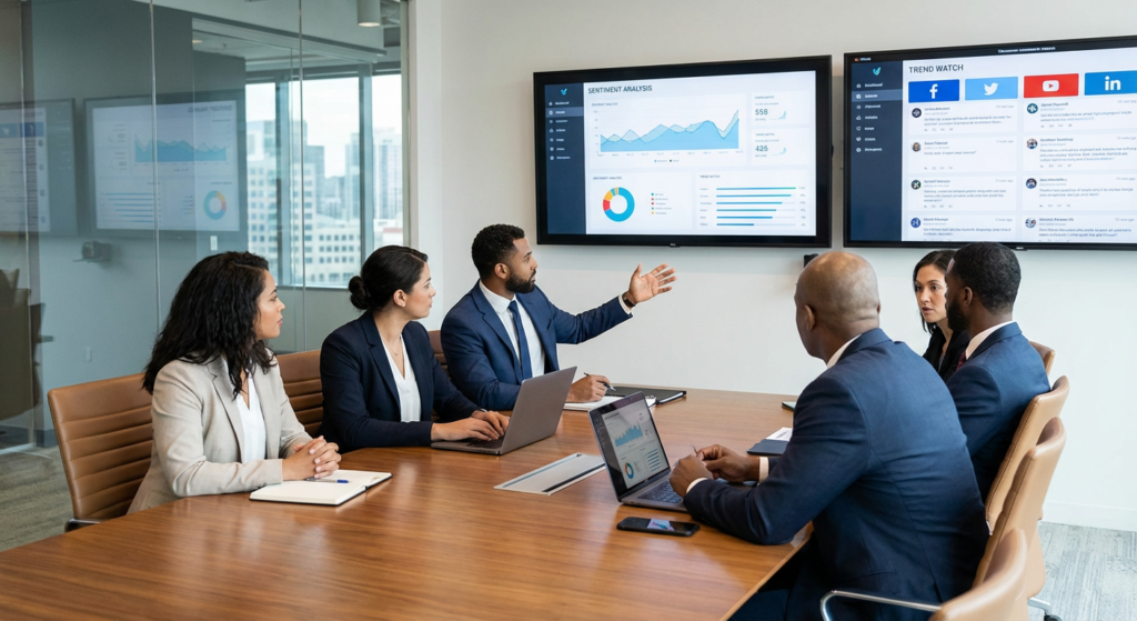 Professionnels en réunion stratégique pour la gestion de crise de réputation en ligne