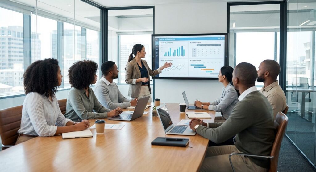 Professionnels discutant du plan de communication digitale avec KPIs et calendrier