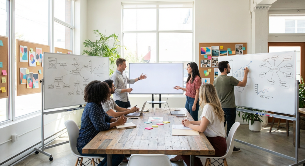 Équipe marketing planifiant une campagne SEO pour Montpellier