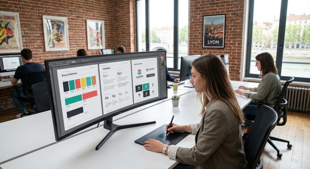 Graphiste Rankit créant une charte graphique complète sur écran dans notre agence à Lyon