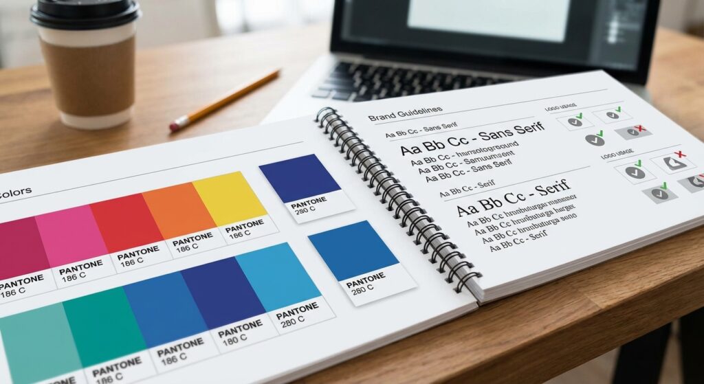 Document charte graphique avec nuanciers Pantone, échantillons typographiques et règles d'utilisation du logo